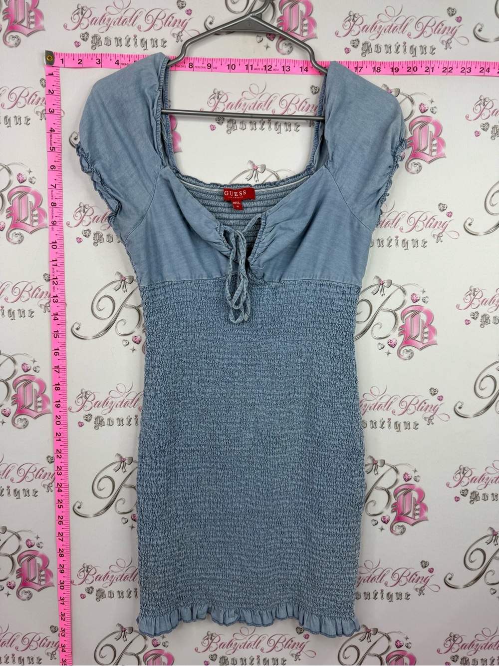Guess dress Light Blue Smocked Short Sleeve Tie-Neck Top
